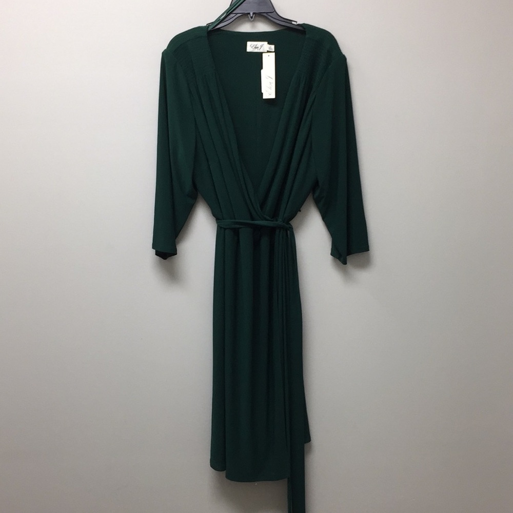 Eliza J Smocked Shoulder Hunter Green Wrap Dress
